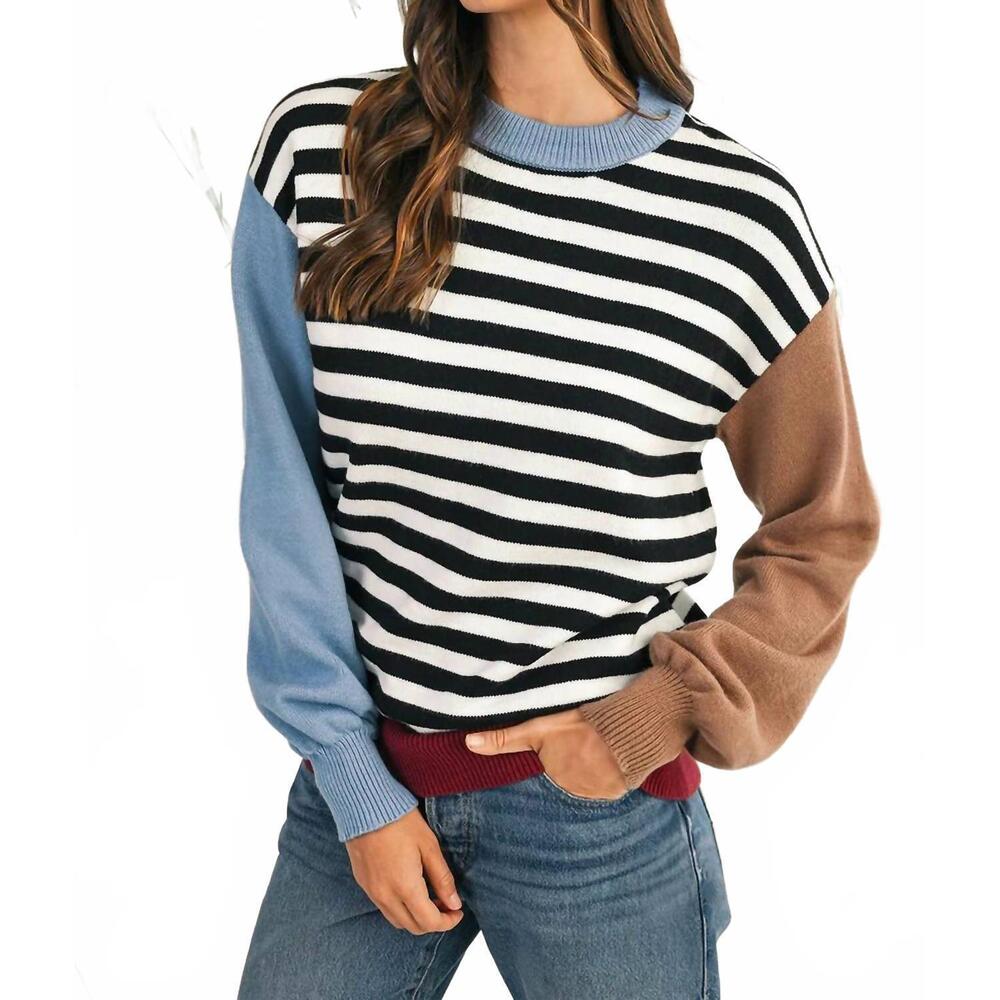 NEW SHEWIN striped color block sweater in black stripe